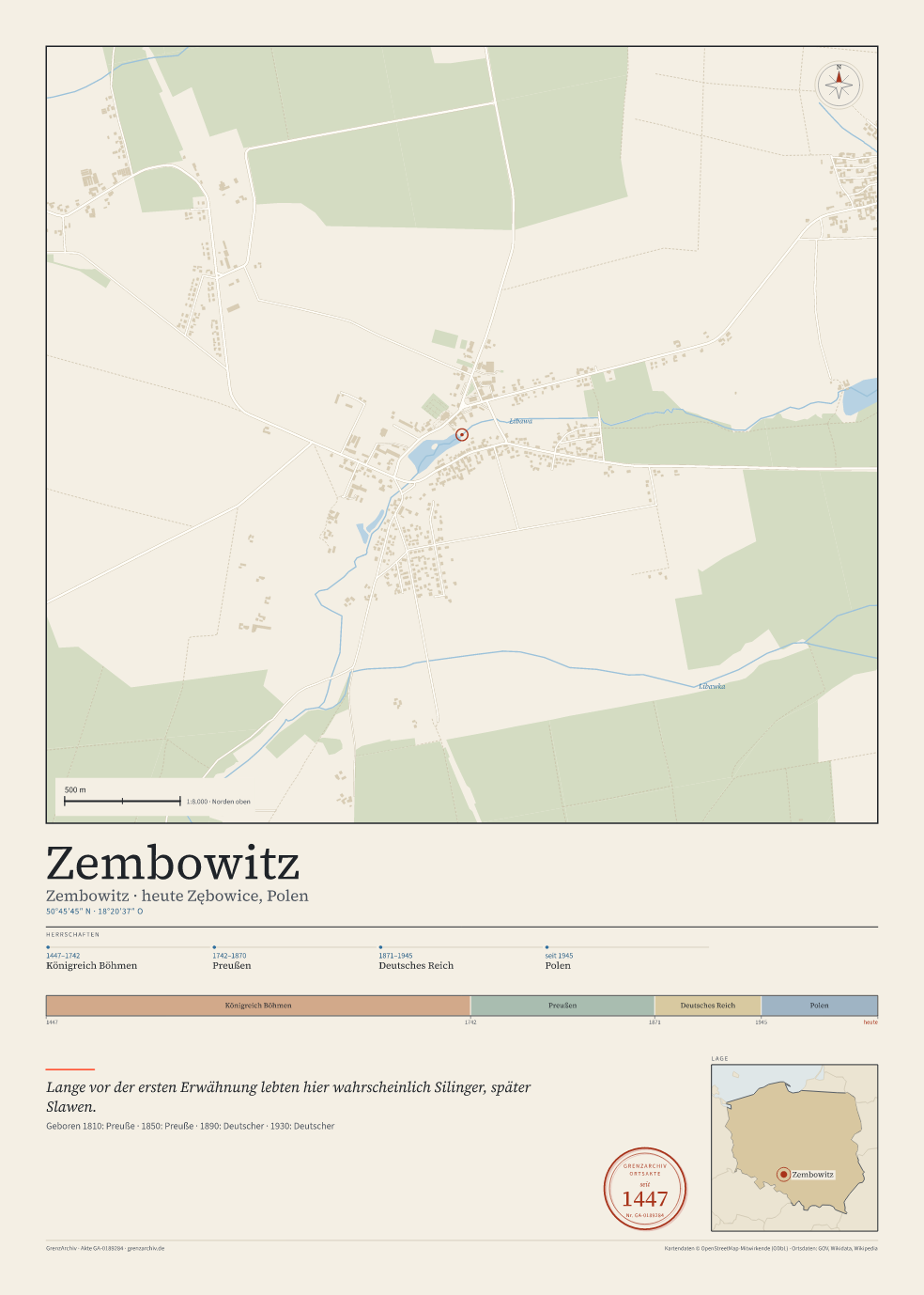 Vorschau des Kartenblatts von Zembowitz: oben der Stadtplan, unten Ortsname, Koordinaten und die Herrschaften des Ortes