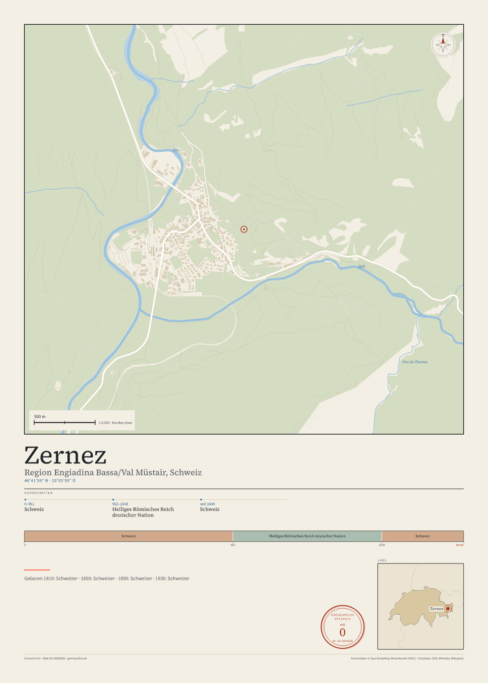 Vorschau des Kartenblatts von Zernez: oben der Stadtplan, unten Ortsname, Koordinaten und die Herrschaften des Ortes