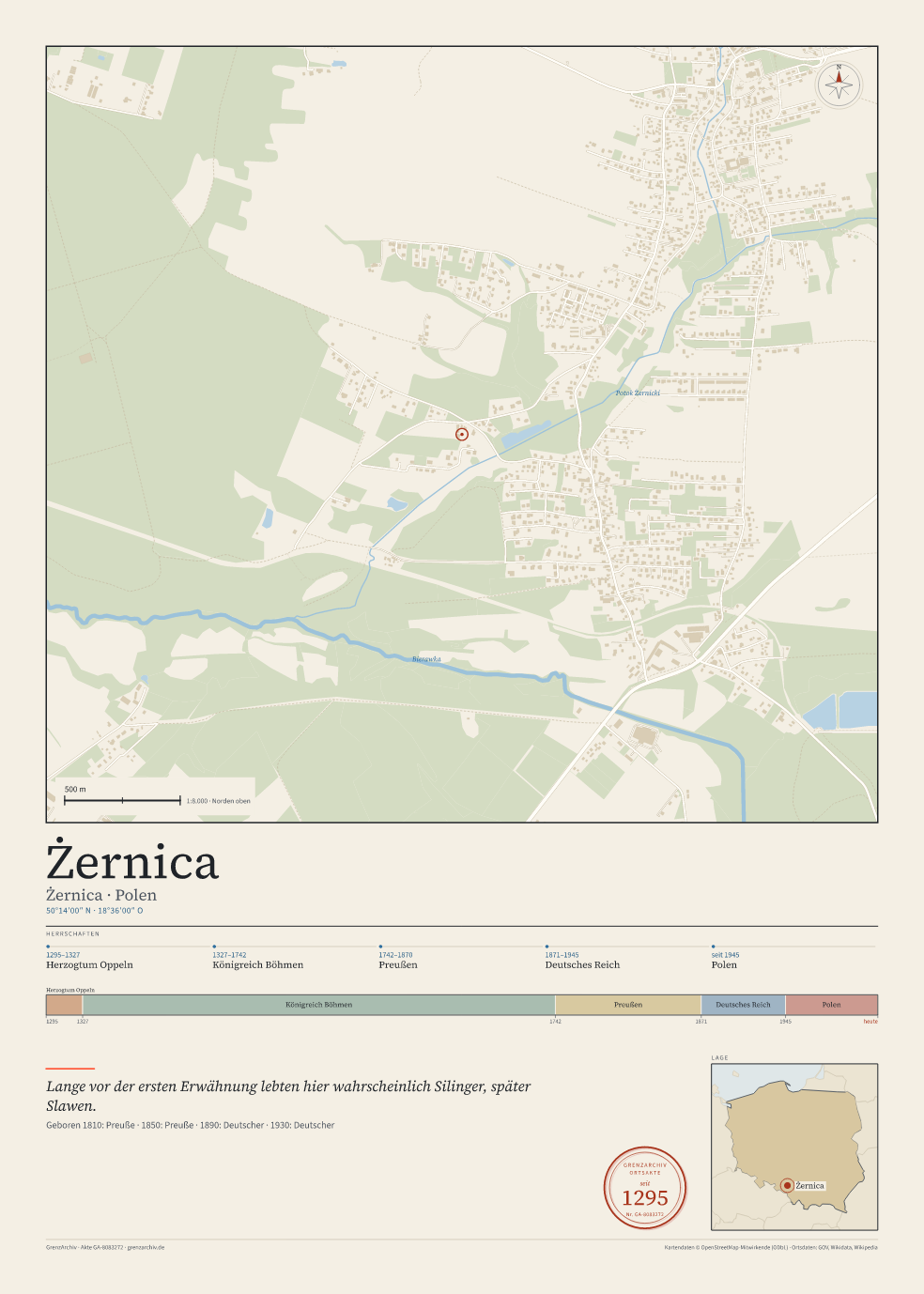 Vorschau des Kartenblatts von Żernica: oben der Stadtplan, unten Ortsname, Koordinaten und die Herrschaften des Ortes