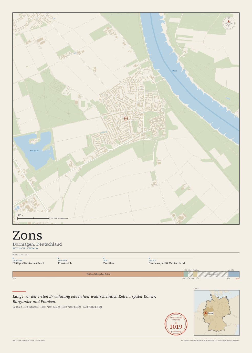 Vorschau des Kartenblatts von Zons: oben der Stadtplan, unten Ortsname, Koordinaten und die Herrschaften des Ortes